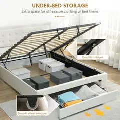 HOMCOM Double Ottoman Bed Frame, with Front Drawer - Cream - 4