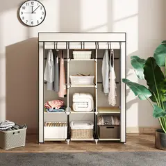 HOMCOM Fabric Wardrobe, with Rails and Shelves - Cream White - 7