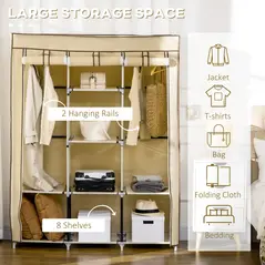 HOMCOM Fabric Wardrobe, with Rails and Shelves - Beige - 4