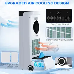 HOMCOM Evaporative Air Cooler, 6.5L 4-in-1 Bladeless Portable Cooler, Fan, Humidifier, Air Clean Anion with Oscillation, 6 Speeds, 24H Timer, Sleep Mode, 2 Ice Packs, Wheels, Remote, for Home Office - 6