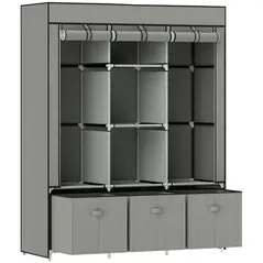 HOMCOM Fabric Wardrobe for Bedroom, Portable Wardrobe with 5 Shelves, 2 Hanging Rails and 3 Fabric Drawers, Foldable Closet, 125 x 43 x 162.5cm, Light Grey - 1