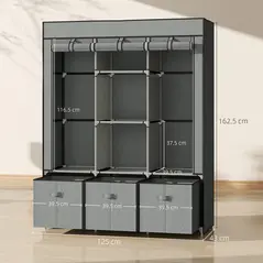 HOMCOM Fabric Wardrobe for Bedroom, Portable Wardrobe with 5 Shelves, 2 Hanging Rails and 3 Fabric Drawers, Foldable Closet, 125 x 43 x 162.5cm, Light Grey - 3