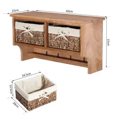 HOMCOM Entryway Coat Rack Wall Mounted Shelf w/ 2 Corn Husk Baskets and Hooks, Brown - 3