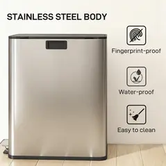 HOMCOM Dual Kitchen Bin with Soft-Close Butterfly Lid, 2 x 28L Stainless Steel Pedal Bin with Removable Inner Buckets, Fingerprint-Proof for Recycling and Waste, Silver Tone - 6
