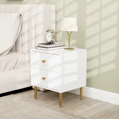 HOMCOM Elegant Two-Drawer Bedside Table - White/Gold-Tone - 2
