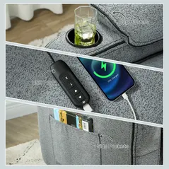 HOMCOM Electric Massage Recliner Armchair with Vibration, Heat, Whisper-Quiet Motor, Memory Function, Velvet Power Reclining Chair with Spring Pack, USB Port, Footrest, Side Pocket, Cup Holders, Grey - 8