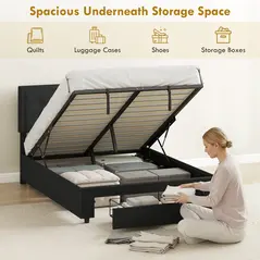 HOMCOM Double Ottoman Bed Frame, with Front Drawer - Black - 4