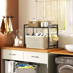 HOMCOM Expandable Microwave Oven Rack with 3 Hooks - Black - 8