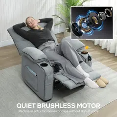 HOMCOM Electric Massage Recliner Armchair with Vibration, Heat, Whisper-Quiet Motor, Memory Function, Velvet Power Reclining Chair with Spring Pack, USB Port, Footrest, Side Pocket, Cup Holders, Grey - 6