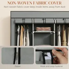 HOMCOM Fabric Wardrobe for Bedroom, Portable Wardrobe with 5 Shelves, 2 Hanging Rails and 3 Fabric Drawers, Foldable Closet, 125 x 43 x 162.5cm, Light Grey - 5