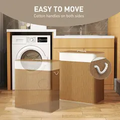 HOMCOM Double Laundry Basket with Lid, 100L Bamboo Laundry Hamper with Rope Handles, Washing Basket with Removable Liner for Bathroom, Bedroom, Brown - 6