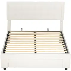 HOMCOM Double Ottoman Bed Frame, with Front Drawer - Cream - 1