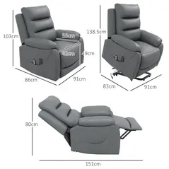 HOMCOM Electric Riser and Recliner for Elderly with 8 Vibration Massage, PU Leather Power Lift Recliner Chair for Living Room with Side Pockets, Footrest, Grey - 3