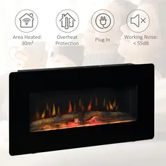 HOMCOM Electric Wall-Mounted Fireplace Heater with Adjustable Flame Effect, Remote Control, Timer, 1800/2000W, Black - 6