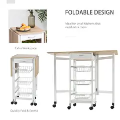 HOMCOM Drop-Leaf Kitchen Cart Trolley w/ 3 Baskets Drawer Surface Top 6 Universal Wheels Rolling Storage Unit Kitchen Home Dining Island White Oak Tone - 4