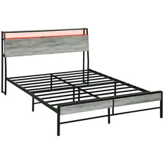 HOMCOM Double Steel Bed Frame, with LED Lights and Shelf - Grey - 1
