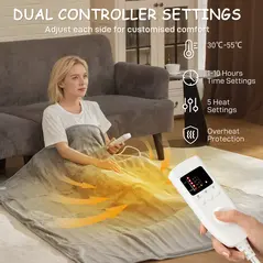 HOMCOM Electric Heated Blanket Throw 140 x 160cm with Dual Controllers, Machine Washable Heated Throw Blanket with Ultra Soft Flannel Fabric, 5 Heating Levels, 10 Hour Timer, Grey - 5