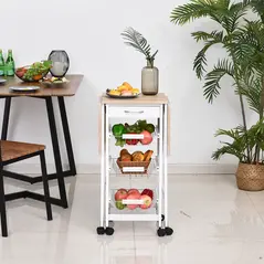 HOMCOM Drop-Leaf Kitchen Cart Trolley w/ 3 Baskets Drawer Surface Top 6 Universal Wheels Rolling Storage Unit Kitchen Home Dining Island White Oak Tone - 8