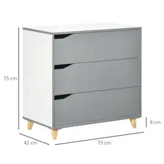 HOMCOM Drawer Chest, 3-Drawer Storage Cabinet Unit with Pine Wood Legs for Bedroom, Living Room, 75cmx42cmx75cm, Grey - 3