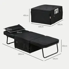 HOMCOM Fabric Sleeper Chair, Folding Chair Bed with Adjustable Backrest, Pillow, Side Pockets for Living Room, Black - 3