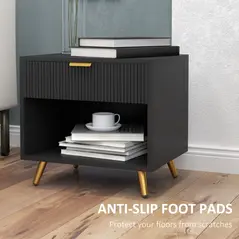 HOMCOM Elegant Bedside Table, with Drawer and Shelf - Black/Gold Tone - 7