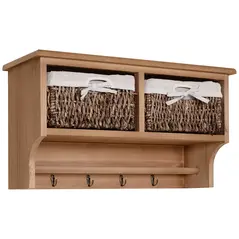 HOMCOM Entryway Coat Rack Wall Mounted Shelf w/ 2 Corn Husk Baskets and Hooks, Brown - 1