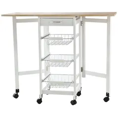 HOMCOM Drop-Leaf Kitchen Cart Trolley w/ 3 Baskets Drawer Surface Top 6 Universal Wheels Rolling Storage Unit Kitchen Home Dining Island White Oak Tone - 1
