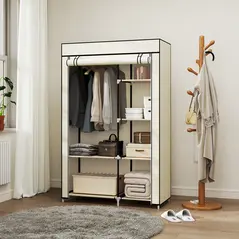 HOMCOM Fabric Wardrobe, Portable Wardrobe with 6 Shelves, 1 Hanging Rail, Foldable Closets, 103 x 43 x 162.5 cm, Cream White - 2