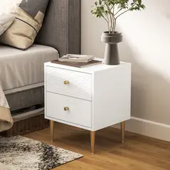 HOMCOM Elegant Two-Drawer Bedside Table - White/Gold-Tone - 8