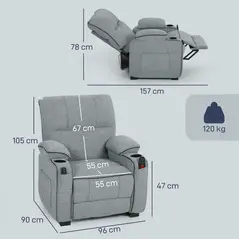 HOMCOM Electric Massage Recliner Armchair with Vibration, Heat, Whisper-Quiet Motor, Memory Function, Velvet Power Reclining Chair with Spring Pack, USB Port, Footrest, Side Pocket, Cup Holders, Grey - 3