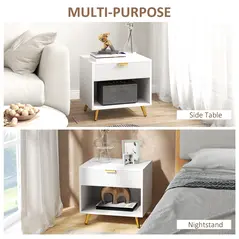HOMCOM Elegant Bedside Table, with Drawer and Shelf - White/Gold Tone - 6