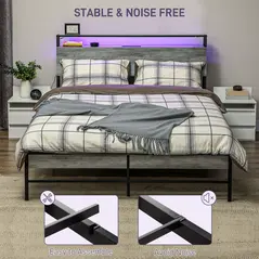 HOMCOM Double Steel Bed Frame, with LED Lights and Shelf - Grey - 7