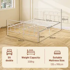 HOMCOM Double Minimalistic Metal Bed Frame - White - 3