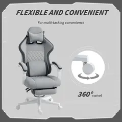 HOMCOM Ergonomic High Back Gaming Chair for Adults, Printed Velvet Computer Recliner Chair with Footrest, Lumbar Support, Adjustable Height and 360° Swivel Seat for Office or Gaming, Grey - 8