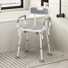 HOMCOM EVA Padded Shower Chair for the Elderly and Disabled, Height Adjustable Shower Stool with Back and Arms, 4 Suction Foot Pads, Light Grey - 2