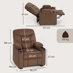 HOMCOM Electric Massage Recliner Armchair with Vibration, Heat, Whisper-Quiet Motor, Memory Function, Fleece Power Reclining Chair with Spring Pack, USB Port, Footrest, Side Pocket, Cup Holders, Brown - 3