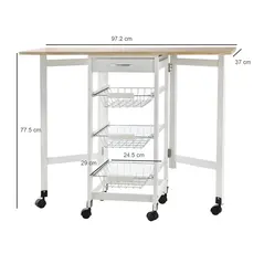 HOMCOM Drop-Leaf Kitchen Cart Trolley w/ 3 Baskets Drawer Surface Top 6 Universal Wheels Rolling Storage Unit Kitchen Home Dining Island White Oak Tone - 3