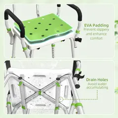 HOMCOM EVA Padded Shower Chair for the Elderly and Disabled, Height Adjustable Shower Stool with Back and Arms, 4 Suction Foot Pads, Green - 4