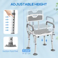 HOMCOM EVA Padded Shower Chair for the Elderly and Disabled, Height Adjustable Shower Stool with Back and Arms, 4 Suction Foot Pads, Light Grey - 7