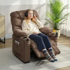 HOMCOM Electric Massage Recliner Armchair with Vibration, Heat, Whisper-Quiet Motor, Memory Function, Fleece Power Reclining Chair with Spring Pack, USB Port, Footrest, Side Pocket, Cup Holders, Brown - 2