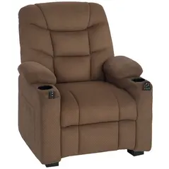 HOMCOM Electric Massage Recliner Armchair with Vibration, Heat, Whisper-Quiet Motor, Memory Function, Fleece Power Reclining Chair with Spring Pack, USB Port, Footrest, Side Pocket, Cup Holders, Brown - 1