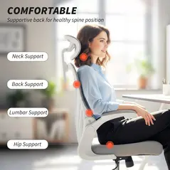 HOMCOM Ergonomic Office Chair with Foldable Backrest, 2D Headrest - Light Grey - 4