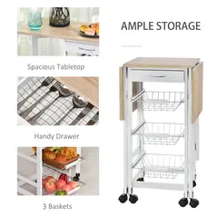 HOMCOM Drop-Leaf Kitchen Cart Trolley w/ 3 Baskets Drawer Surface Top 6 Universal Wheels Rolling Storage Unit Kitchen Home Dining Island White Oak Tone - 6