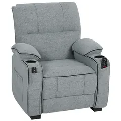 HOMCOM Electric Massage Recliner Armchair with Vibration, Heat, Whisper-Quiet Motor, Memory Function, Velvet Power Reclining Chair with Spring Pack, USB Port, Footrest, Side Pocket, Cup Holders, Grey - 1