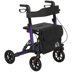 HOMCOM Folding Rollator Walker with Seat, Backrest, Lightweight Walking Frame with Storage Bag, Dual Brakes, Adjustable Handle Height, Suspension System, 4 Wheeled Walker for Seniors, Purple - 1