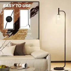 HOMCOM Floor Lamp for Living Room with Glass Lampshade, Modern Standing Lamp with Foot Switch for Bedroom, Bulb not Included, Black - 5