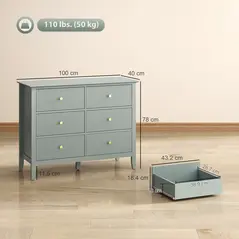 HOMCOM Fluted Dresser, 6 Drawer Chest of Drawers for Bedroom, Living Room, Hallway, Closet, Green - 3