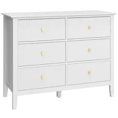 HOMCOM Fluted Dresser, 6 Drawer Chest of Drawers for Bedroom, Living Room, Hallway, Closet, White - 1