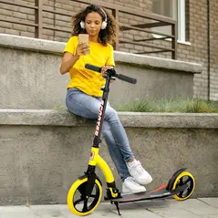 HOMCOM Foldable Kick Scooter with Double Shock Absorption and Big Wheels, Height Adjustable Aluminium Frame Big Wheel Scooter for 14+ Teens Adult - Yellow - 2