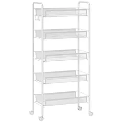 HOMCOM Five-Steel Mesh Basket Storage Trolley, with Wheels - White - 1